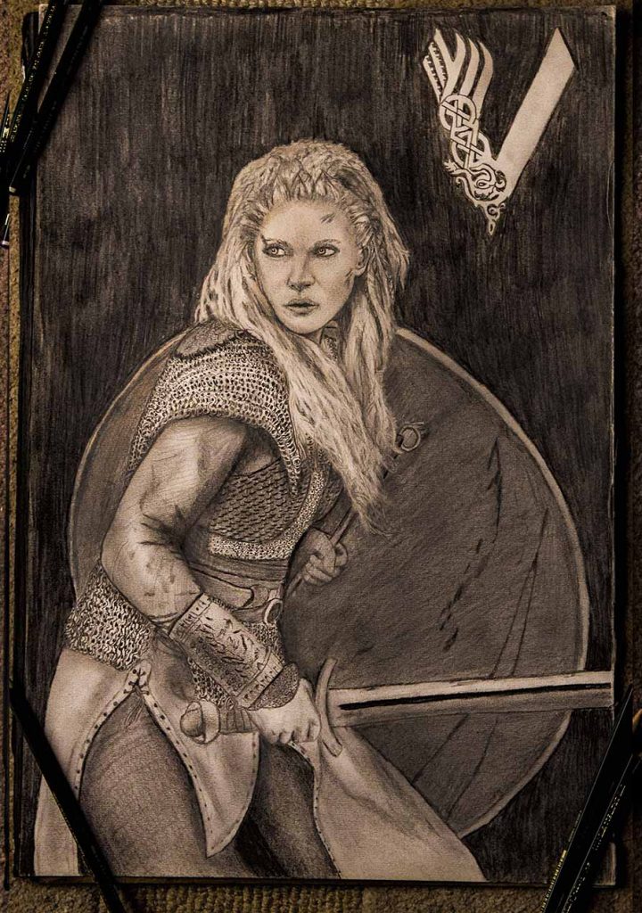 graphite pencil drawing of female viking, Lagertha made by Henrik Veres - Avian Brothers