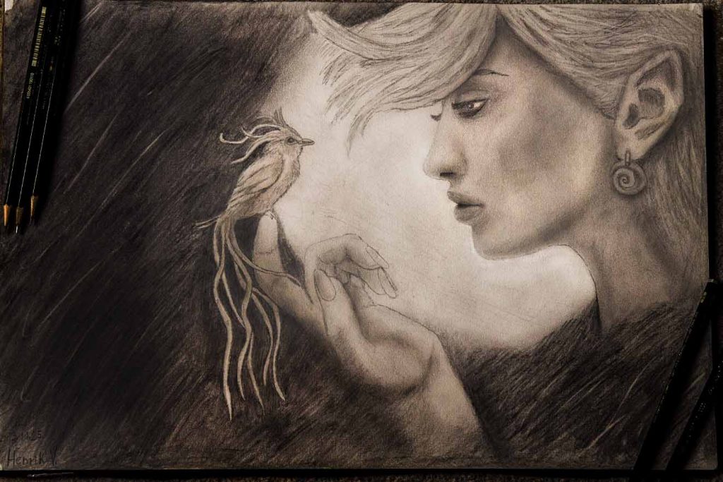 graphite pencil drawing female holding a little bird on top of fingermade by Henrik Veres - Avian Brothers