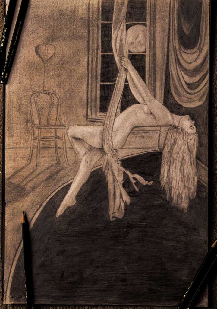graphite pencil drawing, a woman swinging on silks made by Henrik Veres - Avian Brothers
