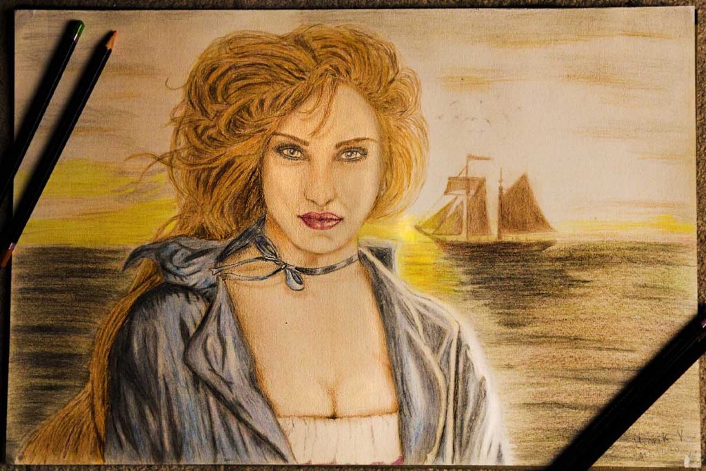 graphite color drawing pirate queen made by Henrik Veres - Avian Brothers