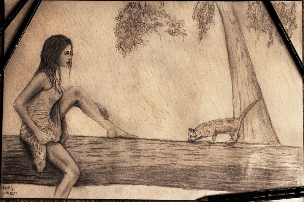 Graphite pencil drawing of a woman and cat made by Henrik Veres - Avian Brothers