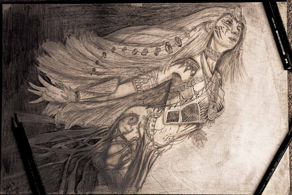 graphite pencil drawing, beautiful fantasy woman emerging from flowersmade by Henrik Veres - Avian Brothers