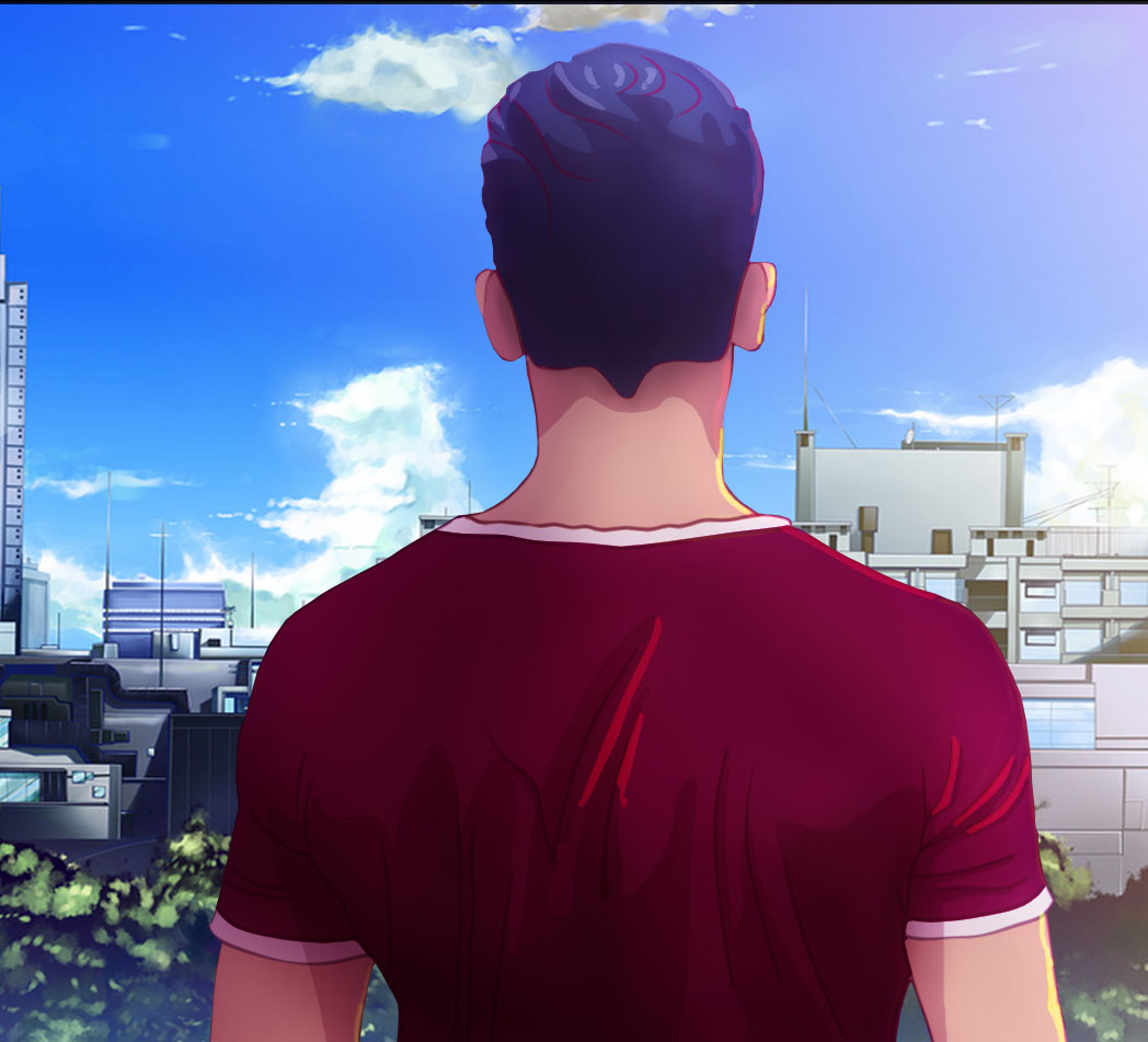 Custom artwork design portrait anime style. Man standing, showing back, looking at city. Created by Henrik Veres , #henrikveres #avianbrothers