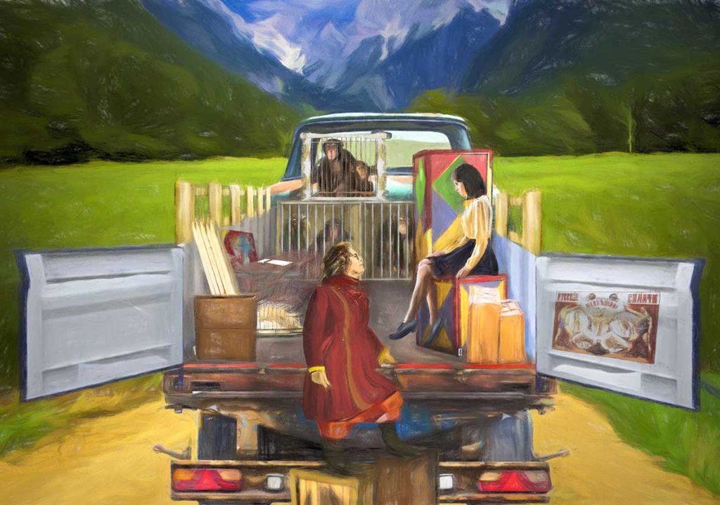 digital drawing, two woman and chimps in cage on back of old truck, on dirt road with beautiful mountain environment - made by Henrik Veres - Avian Brothers