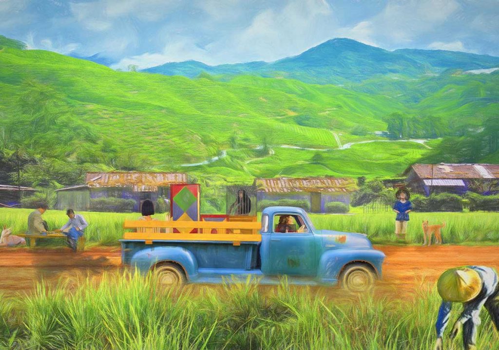 digital drawing, old car going on dirt road next to asian rife fields and hills made by Henrik Veres - Avian Brothers