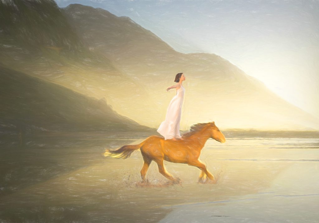 digital artwork, woman on top of horse, riding in sunset made by Henrik Veres - Avian Brothers