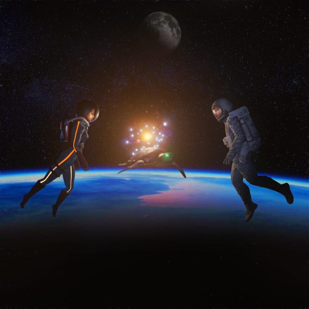 Space Discovery, a man and woman astronaut floating in space, looking at a turtle with a galaxy on his back. 3D animations & artworks Created by Henrik Veres , Avian Brothers #henrikveres #avianbrothers