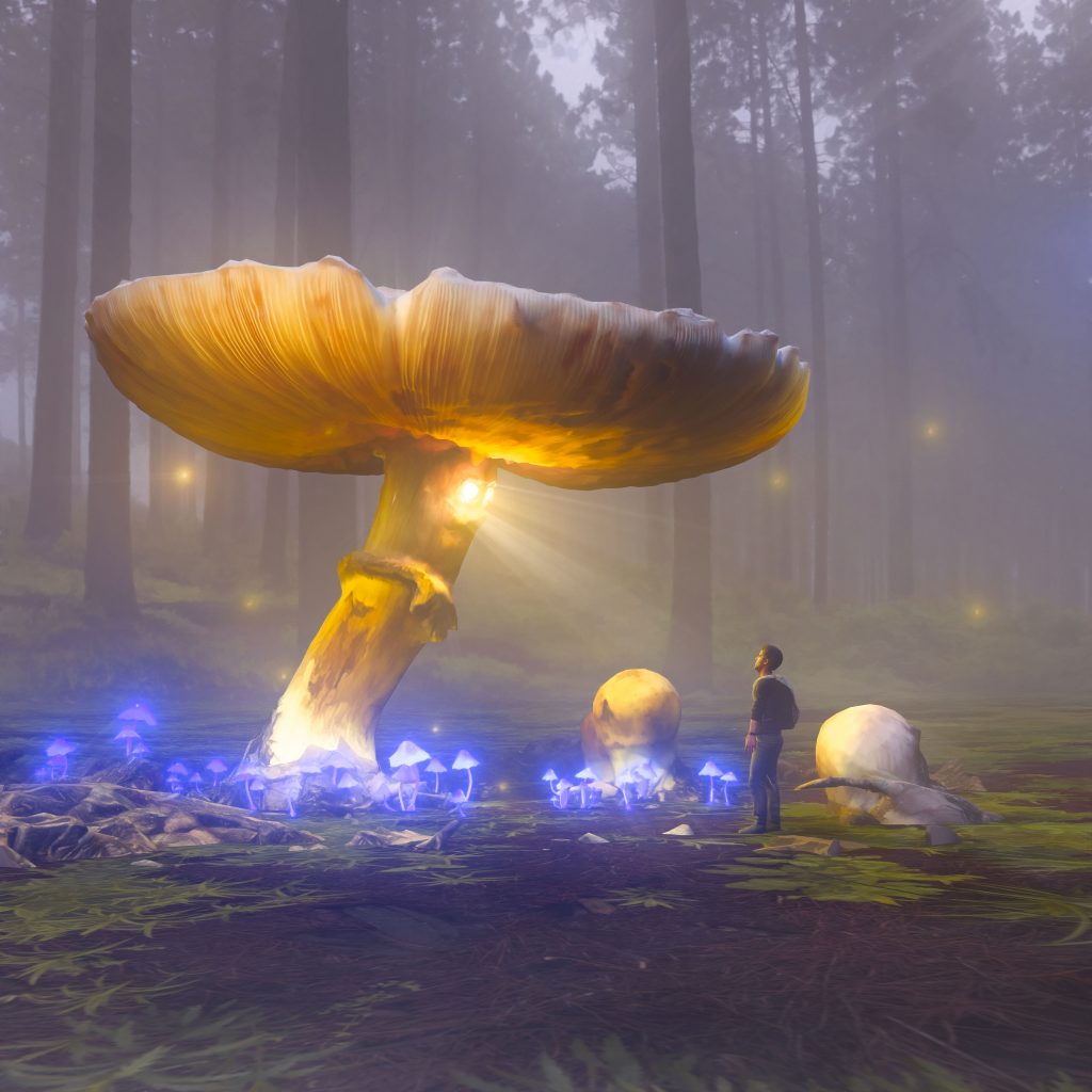 A magic Mushroom Forest, with a huge mushroom in the middle, covered with smaller blue mushrooms emitting light, a man standing and staring at the mushroom amazed. - 3D animations & artworks Created by Henrik Veres , Avian Brothers #henrikveres #avianbrothers