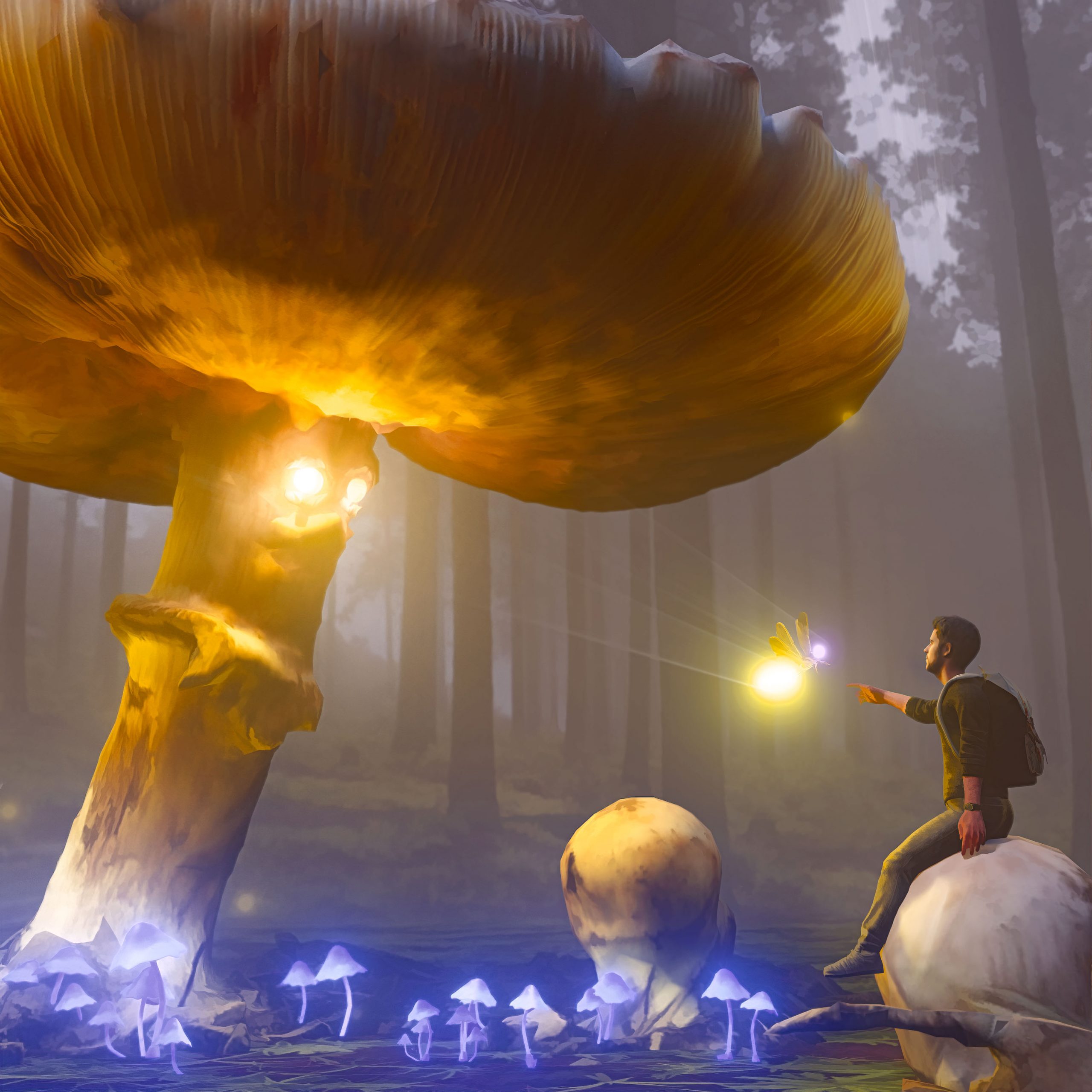 A magic Mushroom Forest, with a huge mushroom in the middle, covered with smaller blue mushrooms emitting light, a man sitting and reaching out towards a big firefly. - 3D animations & artworks Created by Henrik Veres , Avian Brothers #henrikveres #avianbrothers