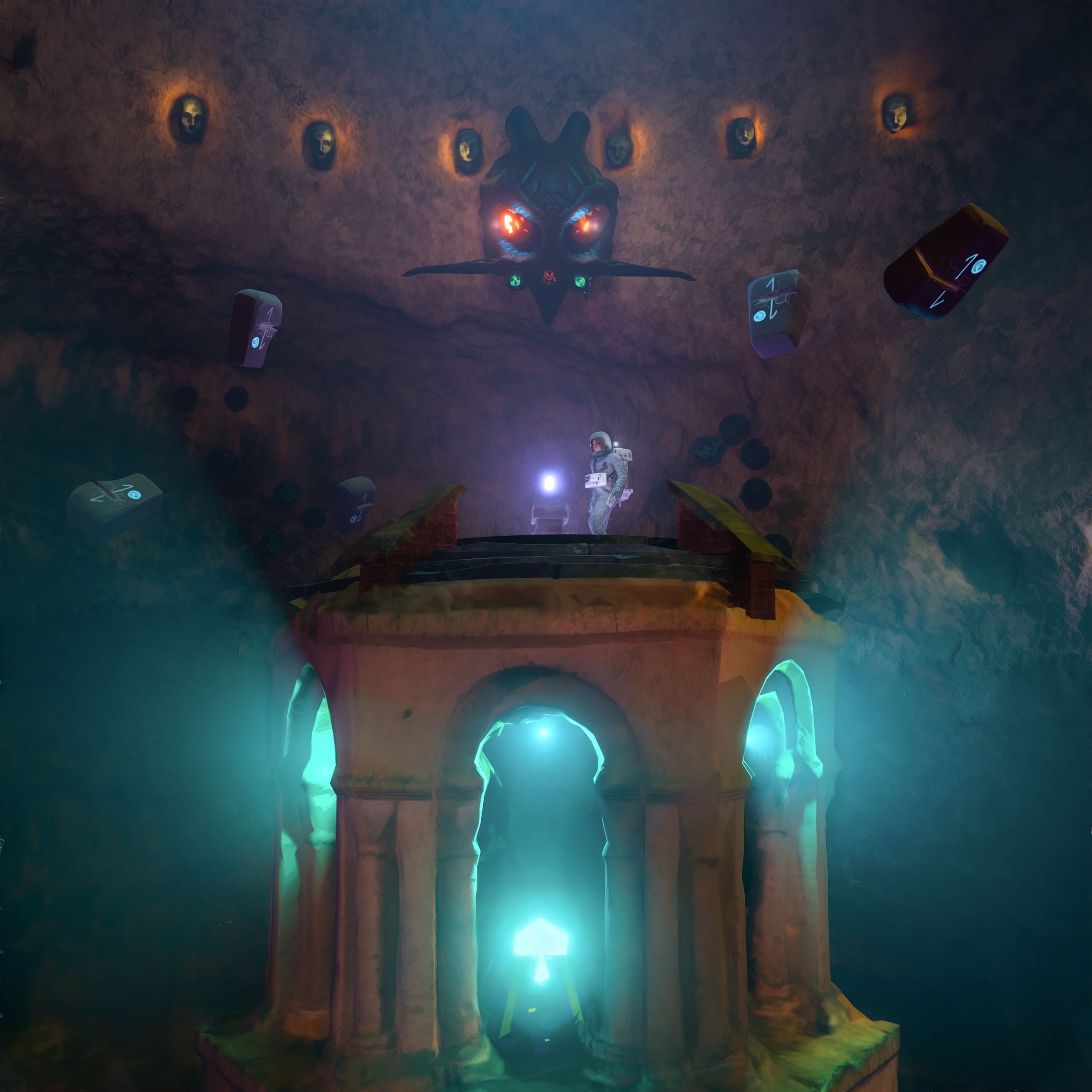 Ancient Artifact main scene, a huge alien cave, with floating stones around, and a tower emitting blue light, a man standing on top of the tower, staring at the shiny ancient artifact. 3D animations & artworks Created by Henrik Veres , Avian Brothers #henrikveres #avianbrothers