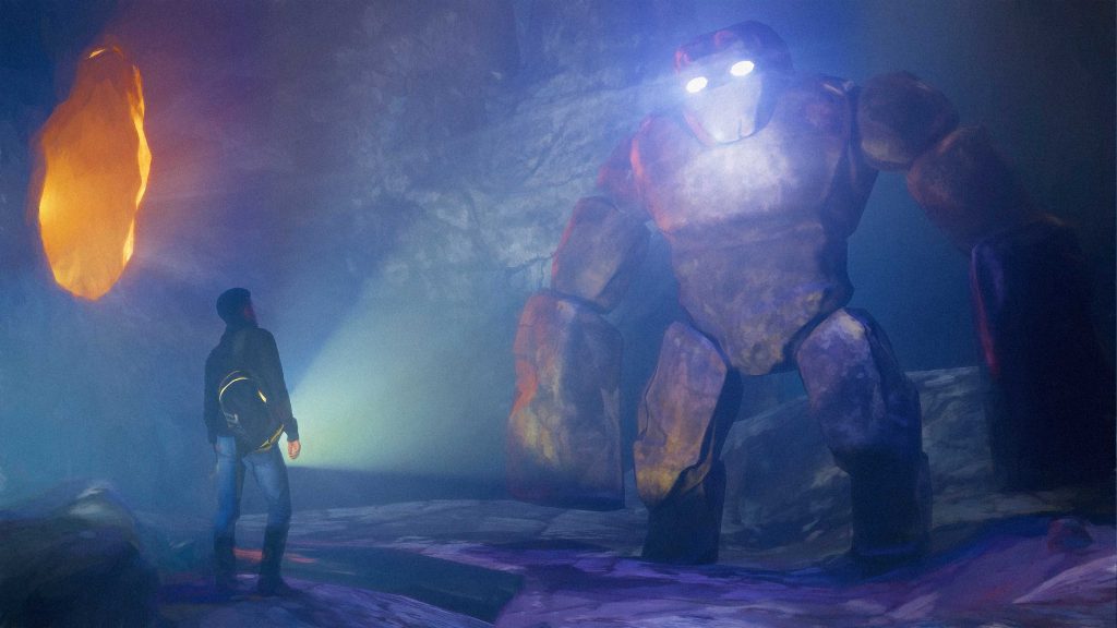 A man discovers a Cave golem inside a bug dark blue cave. - 3D animations & artworks Created by Henrik Veres , Avian Brothers #henrikveres