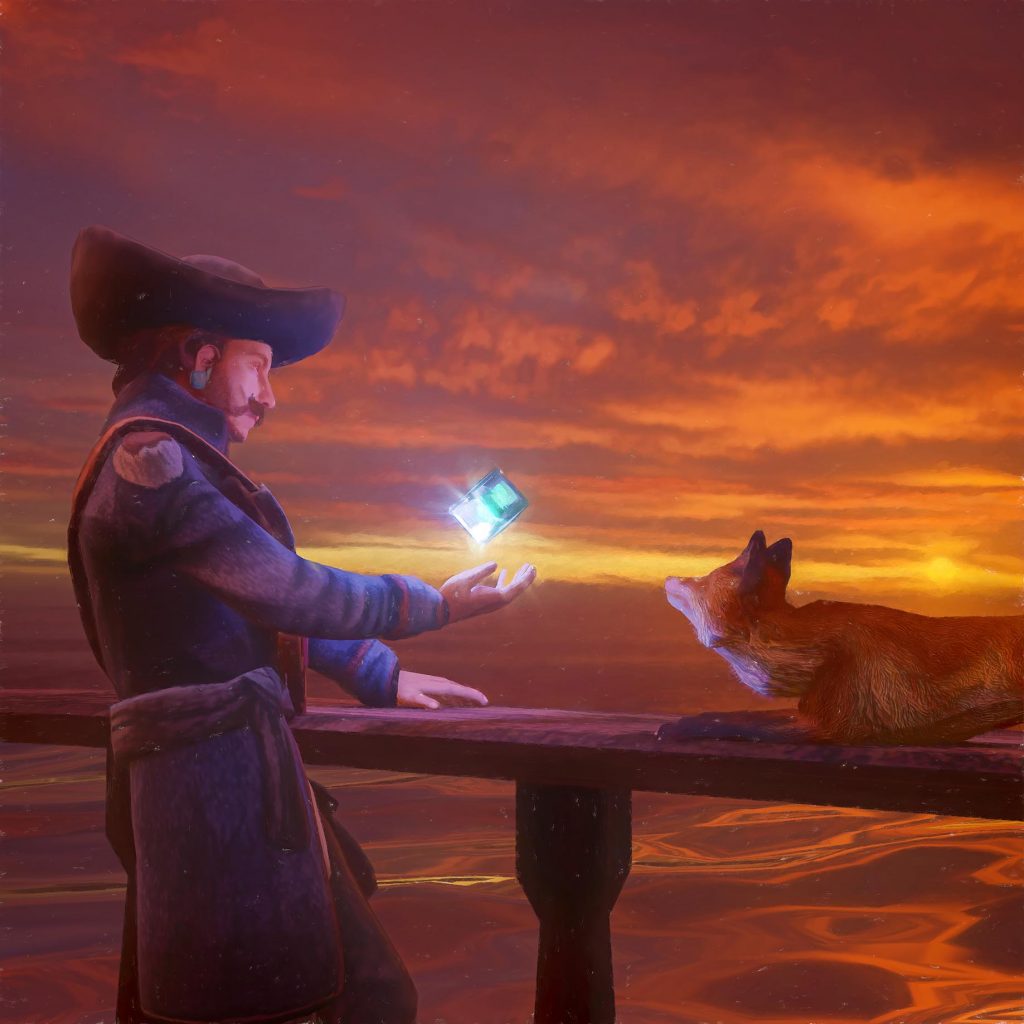 A pirate is holding a floating shining blue object, a space artifact in his hand. while his fox is watching him curiously. In the distance the sun sets, making the scene deep orange color. - 3D animations & artworks Created by Henrik Veres , Avian Brothers #henrikveres