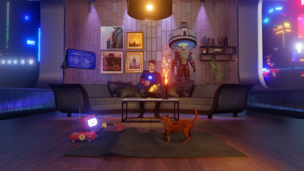 "The Ironman", a man is sitting in a futuristic urban room, surrounded by science fiction objects, having a drink in his hand, - 3D animations & artworks Created by Henrik Veres , #henrikveres