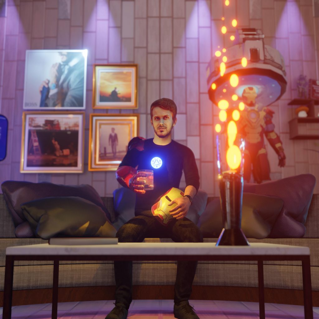"The Ironman", a man is sitting in a futuristic urban room, surrounded by science fiction objects, having a drink in his hand, - 3D animations & artworks Created by Henrik Veres , Avian Brothers #henrikveres