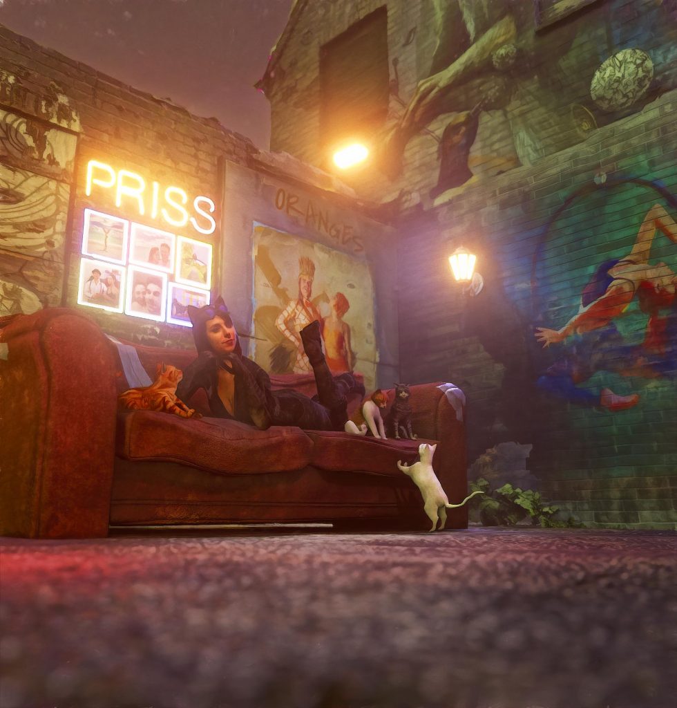 Catwoman is laying on an old couch on top of a rooftop, surrounded by a red cat, a white and brown cat. - 3D animations & artworks Created by Henrik Veres , Avian Brothers #henrikveres