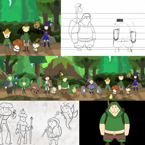 digital drawing, 2D artwork, a set of cartoon character lineup in forest - made by Henrik Veres - Avian Brothers